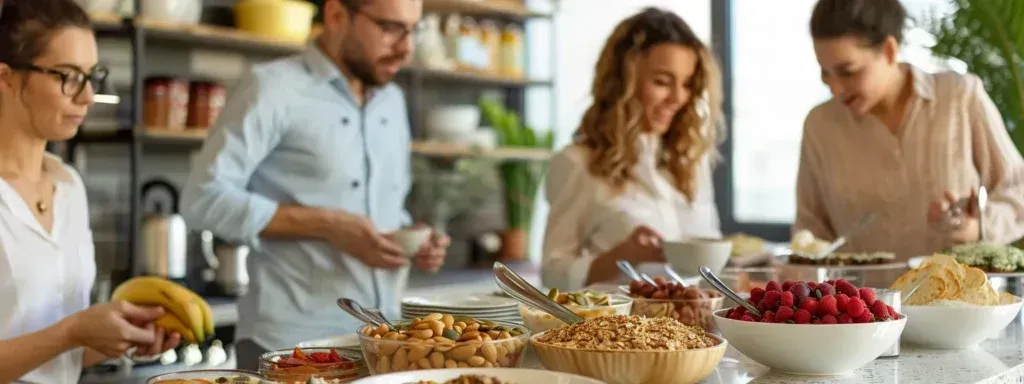 a group of business professionals preparing and serving a nutritious breakfast spread with ingredients like oatmeal, whole grain toast, and greek yogurt for enhanced energy and focus levels.