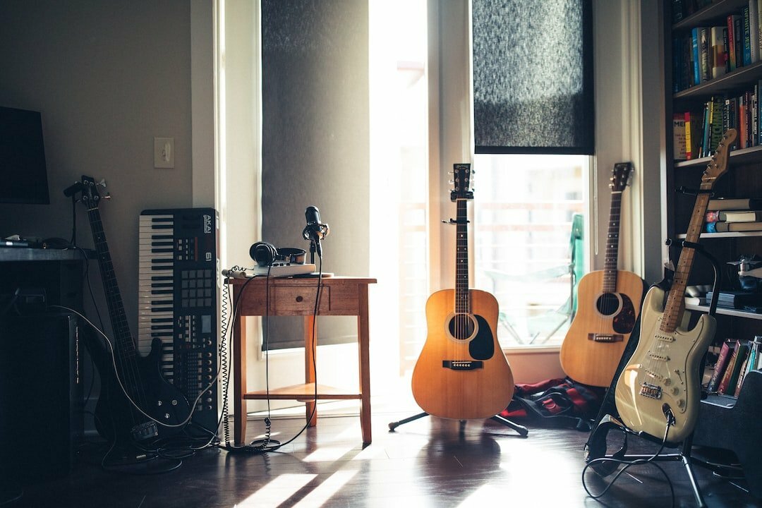 Musical instruments and recording equipment in a home setting for music lovers