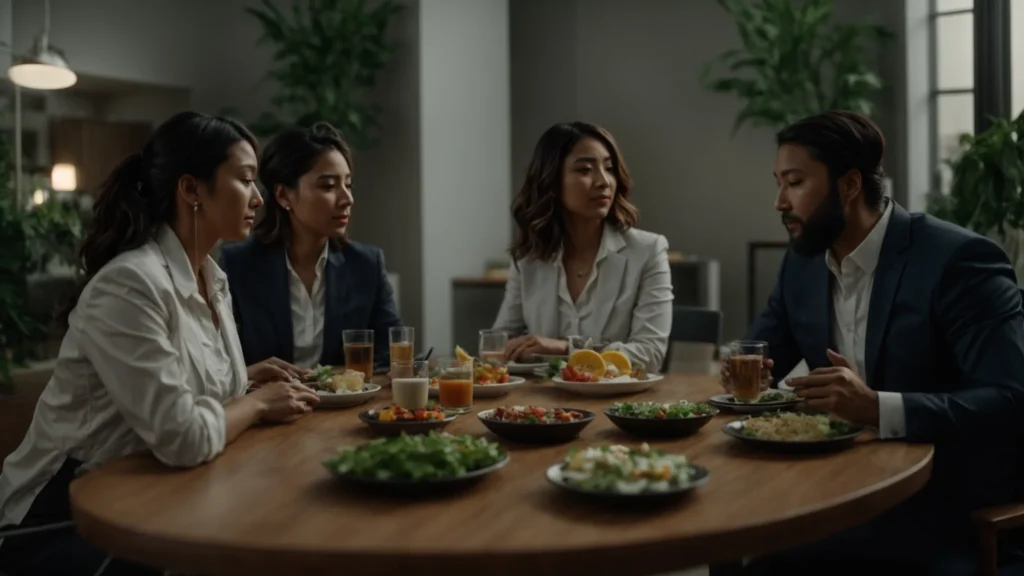 business professionals talking animatedly around a table with anchor symbols and healthy food on display.