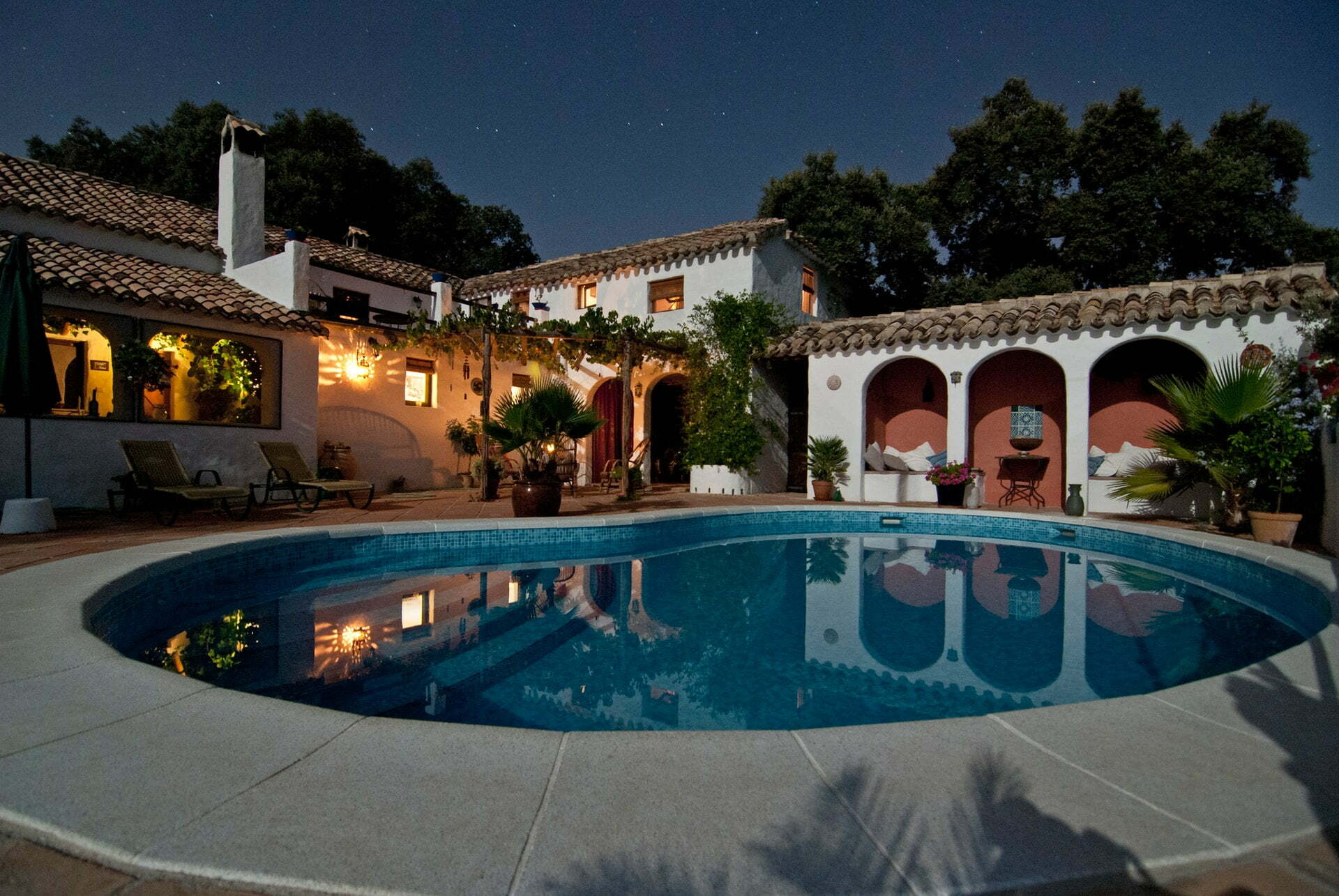 a swimming pool at night