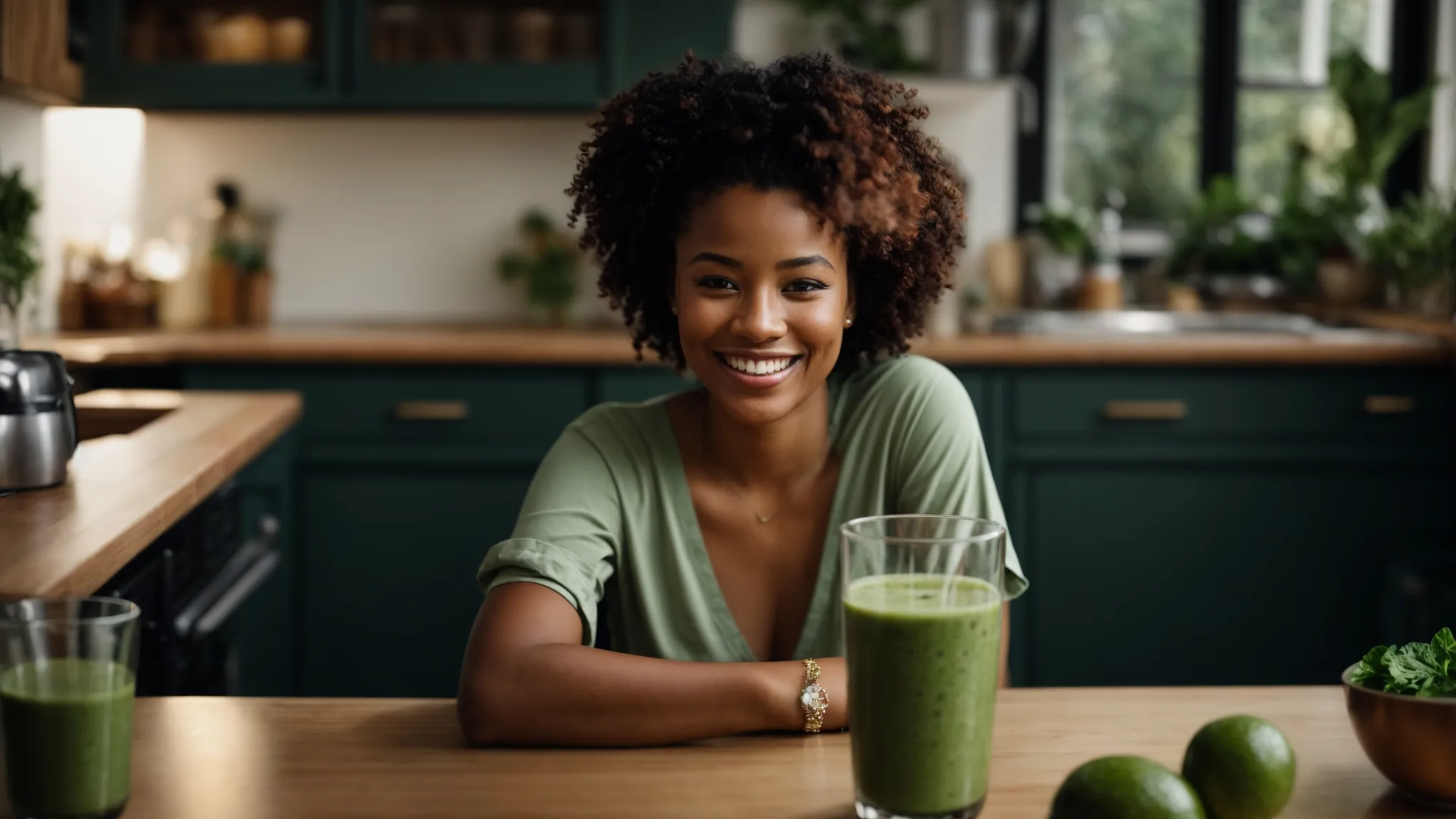 a woman with a radiant smile sits at a kitchen table, holding a glass of green smoothie.