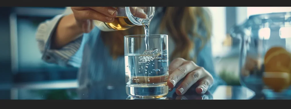 professional businesswoman pouring energy and digestion supplements into a glass of water.