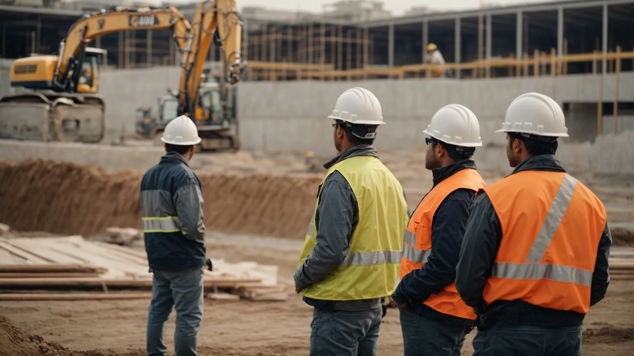 construction workers in hard hats discuss plans on a construction site with a building foundation and construction machinery in the background.