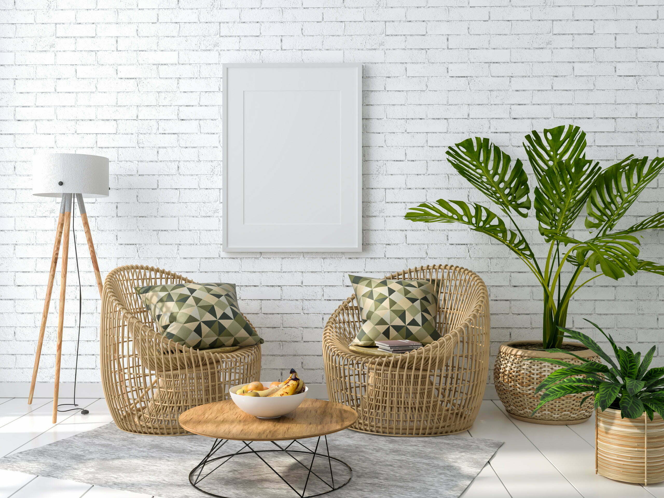 Living room mockup featuring rattan chairs and decor, showcasing natural home design.