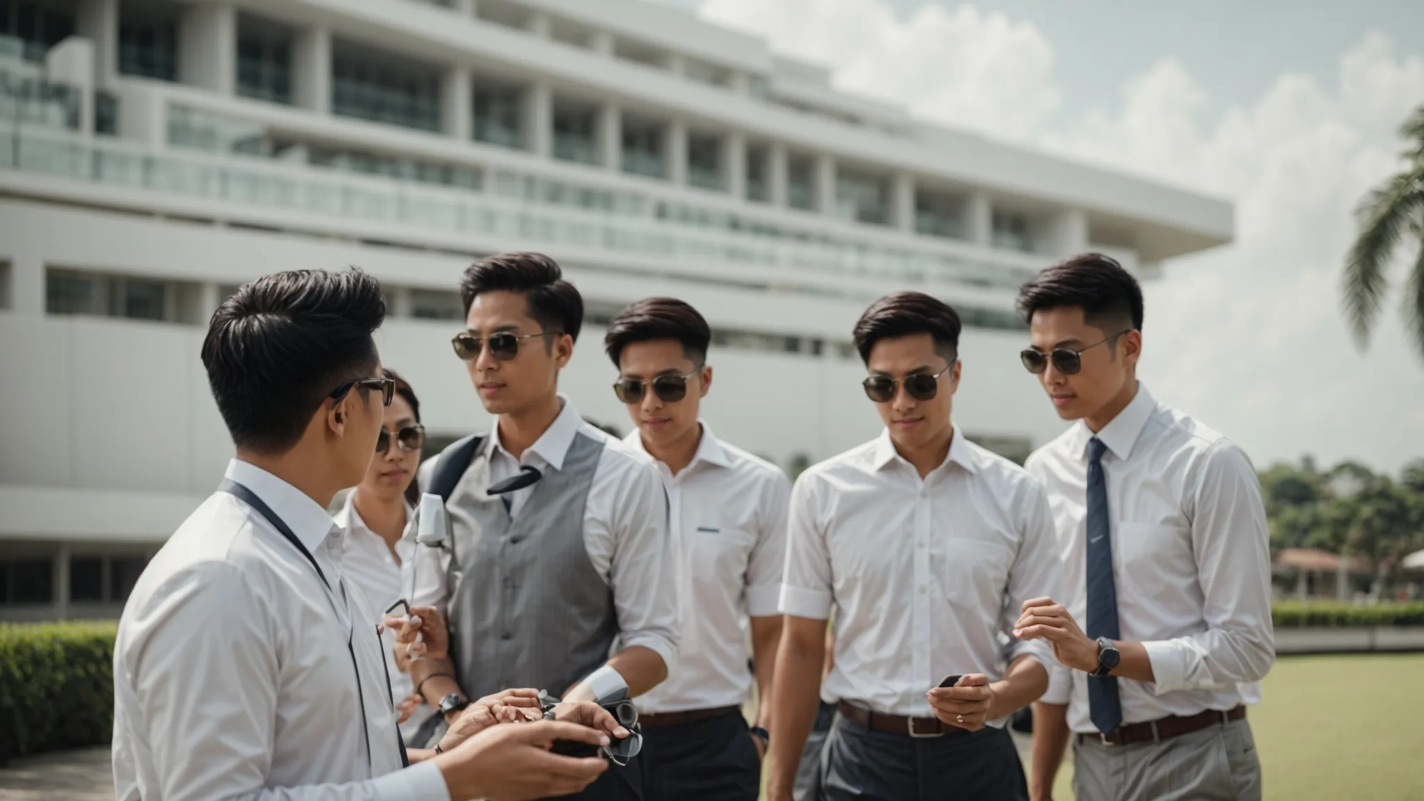 a group of professionals in business attire is engaged in an outdoor team-building activity on a sunny day in singapore.