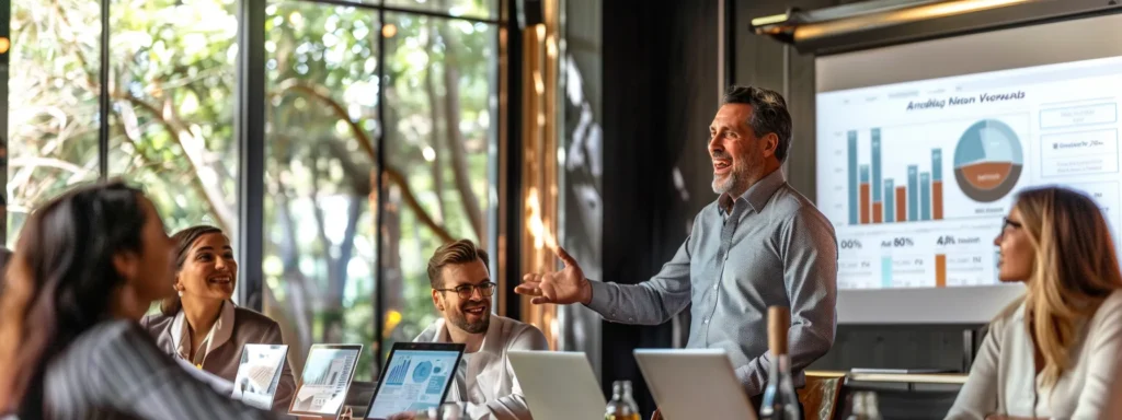 a group of business professionals having a lively discussion around a conference table, pointing to a chart showing positive consumer reviews and benefits of activated you's morning complete.