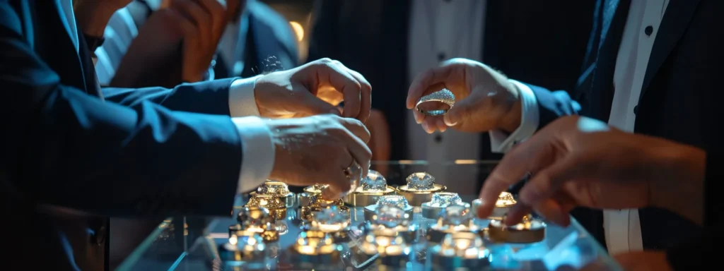 a group of business professionals holding and inspecting various men's wedding rings displayed on a table.
